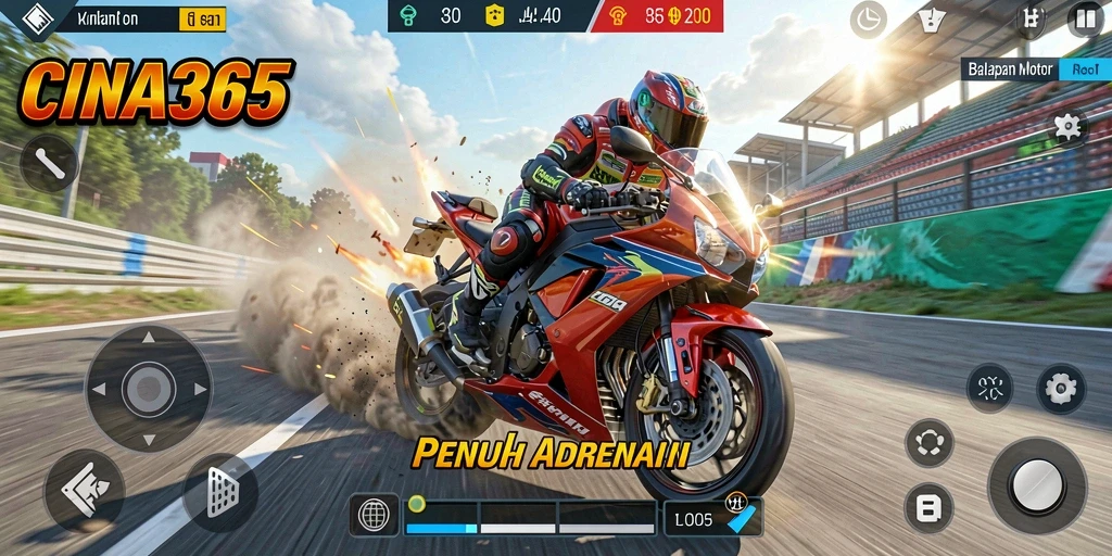 Tampilan gameplay CINA365 menunjukkan keseruan balapan motor yang mendebarkan.