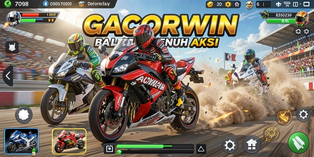 Screenshot utama GACORWIN menunjukkan aksi balap motor yang mendebarkan di trek.