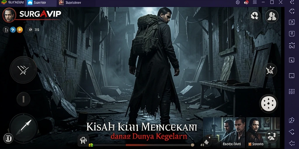 Screenshot menunjukkan ketegangan gameplay SURGAVIP dengan atmosfer menyeramkan.