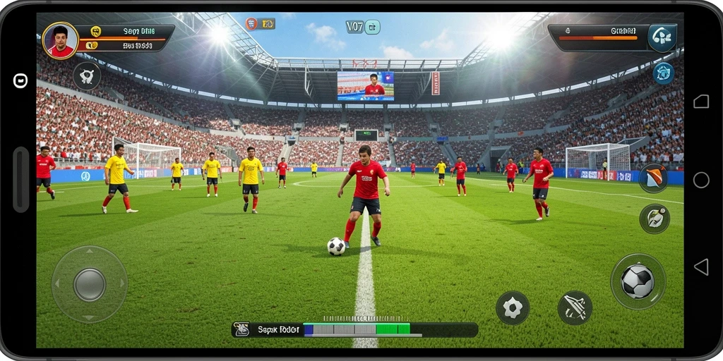 Gameplay V07 yang menampilkan aksi sepak bola mendebarkan.